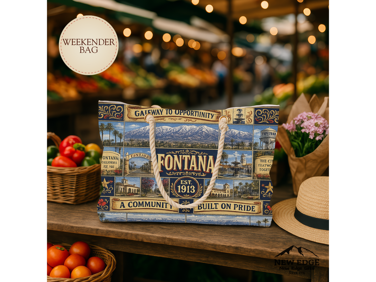 Fontana California Weekender Bag Gateway to Opportunity Faux Patchwork Travel Tote Built on Pride Inland Empire Gift