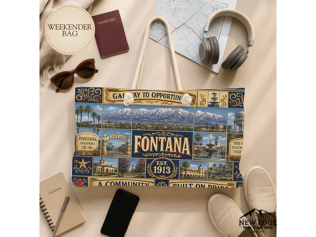 Fontana California Weekender Bag Gateway to Opportunity Faux Patchwork Travel Tote Built on Pride Inland Empire Gift