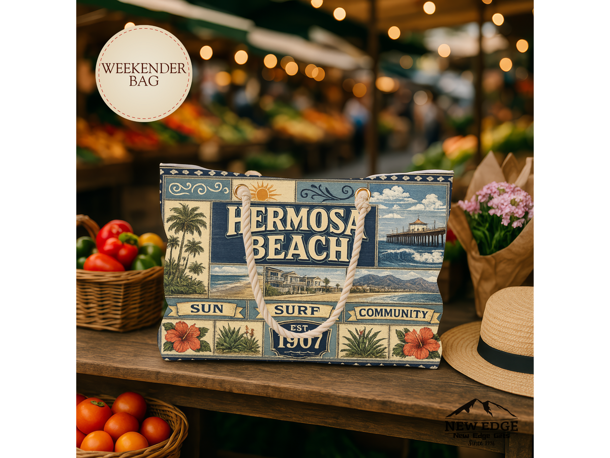 Hermosa Beach California Weekender Bag Sun Surf Community Faux Patchwork Travel Tote Coastal Beach Getaway Gift
