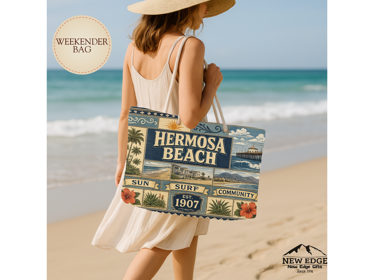 Hermosa Beach California Weekender Bag Sun Surf Community Faux Patchwork Travel Tote Coastal Beach Getaway Gift