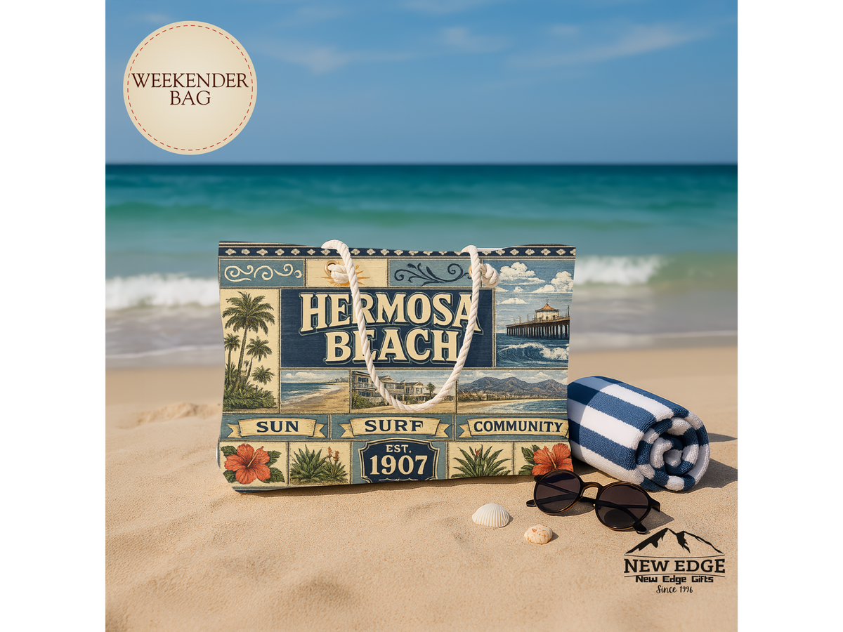 Hermosa Beach California Weekender Bag Sun Surf Community Faux Patchwork Travel Tote Coastal Beach Getaway Gift