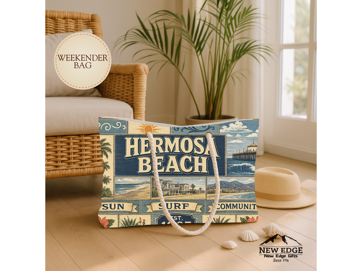 Hermosa Beach California Weekender Bag Sun Surf Community Faux Patchwork Travel Tote Coastal Beach Getaway Gift