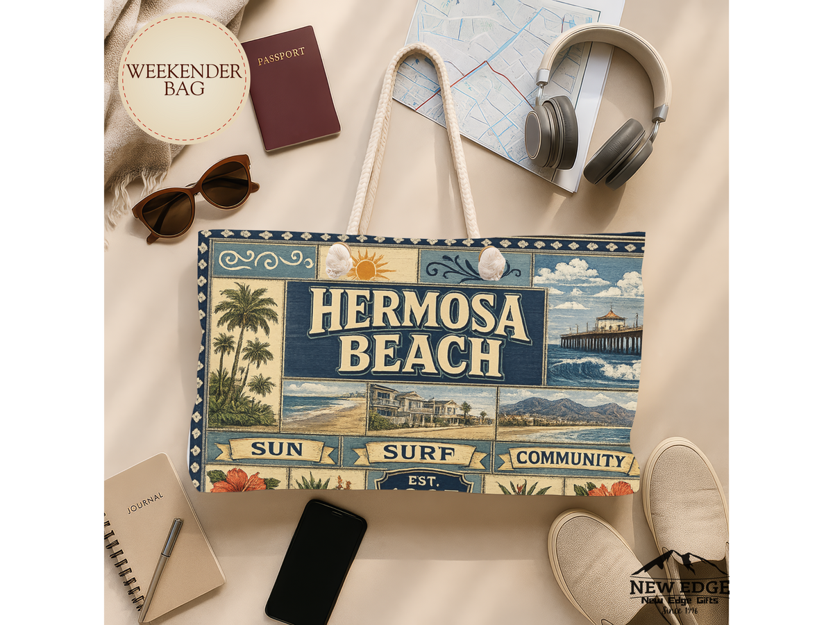 Hermosa Beach California Weekender Bag Sun Surf Community Faux Patchwork Travel Tote Coastal Beach Getaway Gift