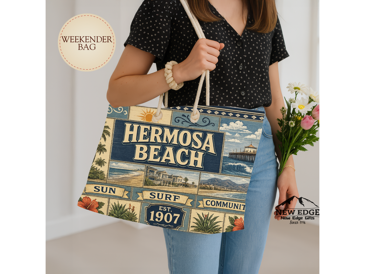 Hermosa Beach California Weekender Bag Sun Surf Community Faux Patchwork Travel Tote Coastal Beach Getaway Gift