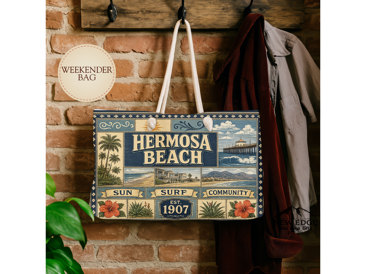 Hermosa Beach California Weekender Bag Sun Surf Community Faux Patchwork Travel Tote Coastal Beach Getaway Gift