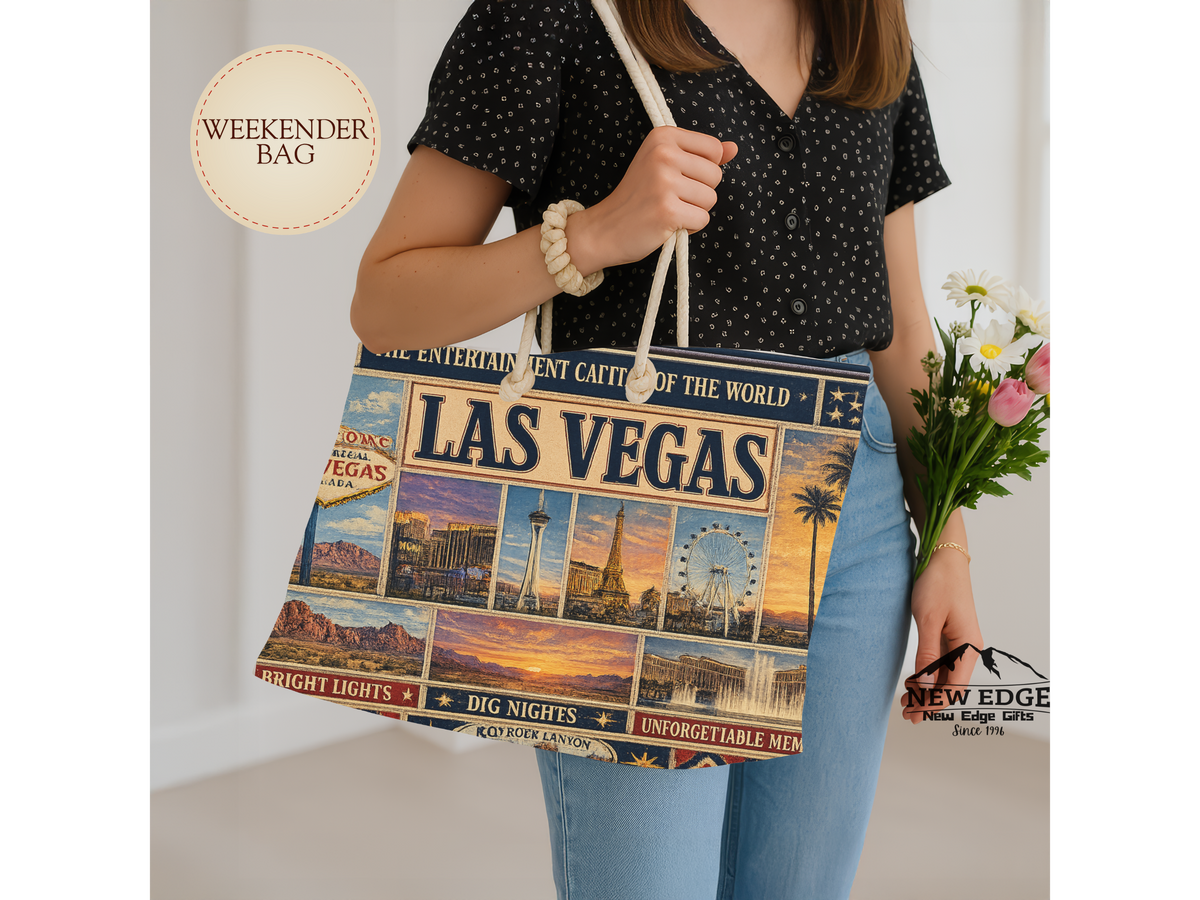 Las Vegas Nevada Weekender Bag Entertainment Capital of the World Faux Patchwork Travel Tote Vintage Strip Getaway Gift