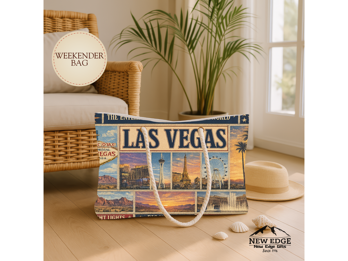 Las Vegas Nevada Weekender Bag Entertainment Capital of the World Faux Patchwork Travel Tote Vintage Strip Getaway Gift