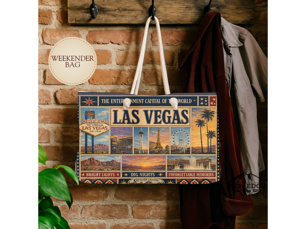 Las Vegas Nevada Weekender Bag Entertainment Capital of the World Faux Patchwork Travel Tote Vintage Strip Getaway Gift