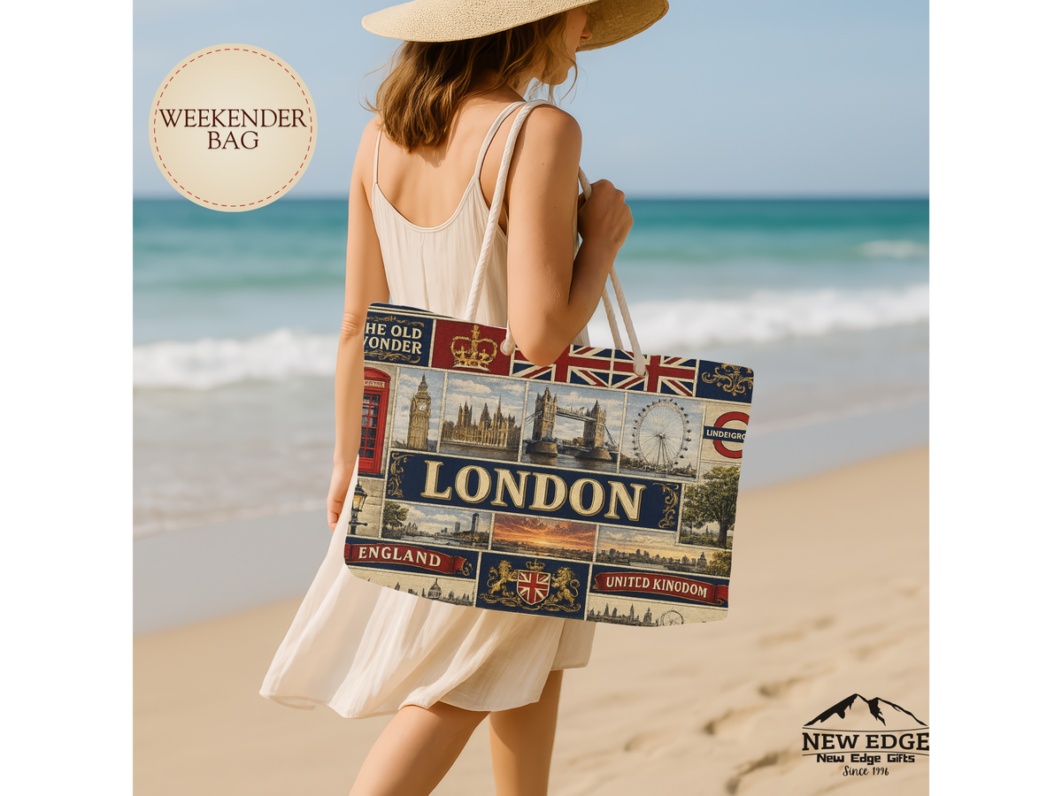 London England Weekender Bag The Old Wonder Faux Patchwork Travel Tote United Kingdom Landmark Vintage Travel Gift