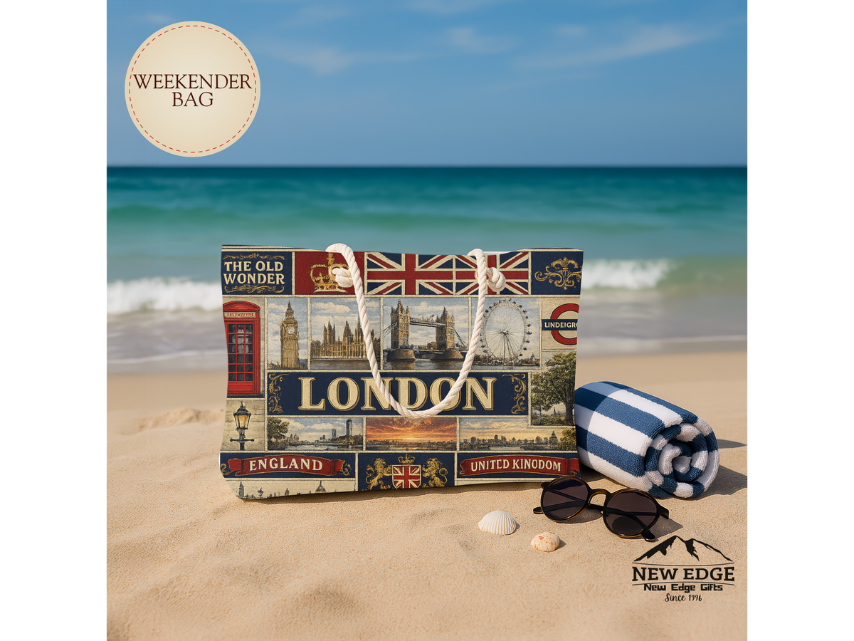 London England Weekender Bag The Old Wonder Faux Patchwork Travel Tote United Kingdom Landmark Vintage Travel Gift