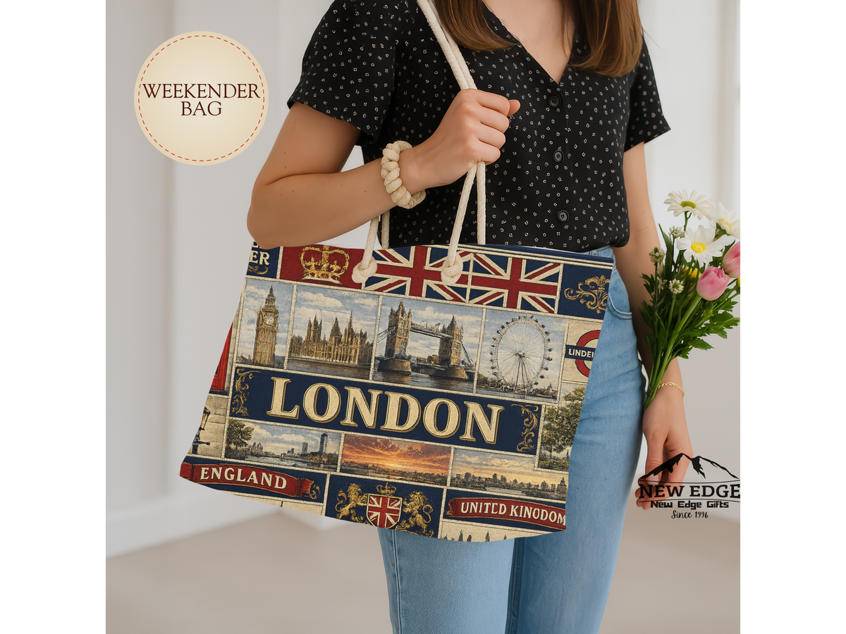London England Weekender Bag The Old Wonder Faux Patchwork Travel Tote United Kingdom Landmark Vintage Travel Gift