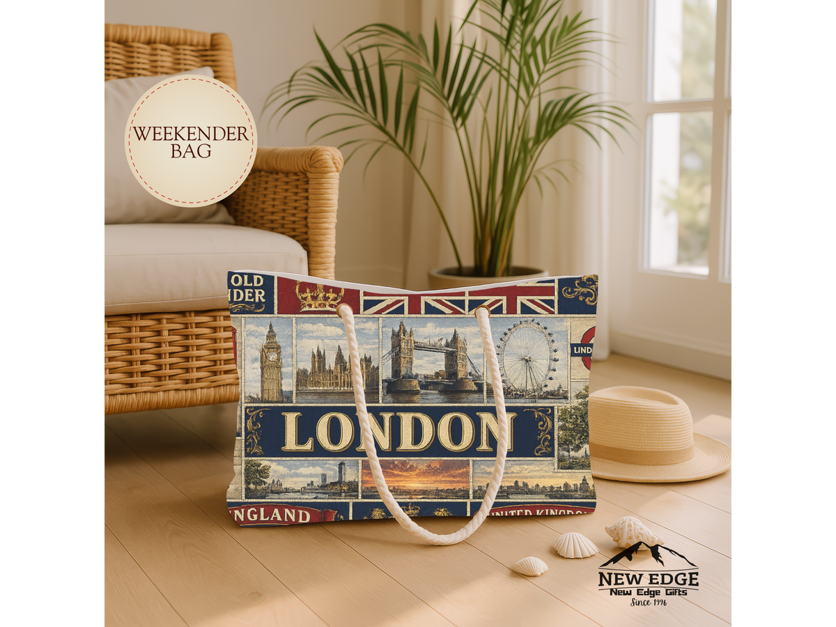 London England Weekender Bag The Old Wonder Faux Patchwork Travel Tote United Kingdom Landmark Vintage Travel Gift