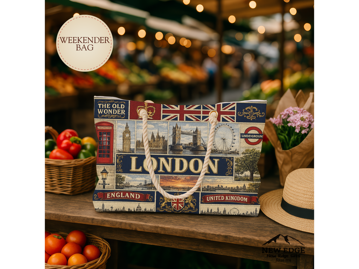 London England Weekender Bag The Old Wonder Faux Patchwork Travel Tote United Kingdom Landmark Vintage Travel Gift