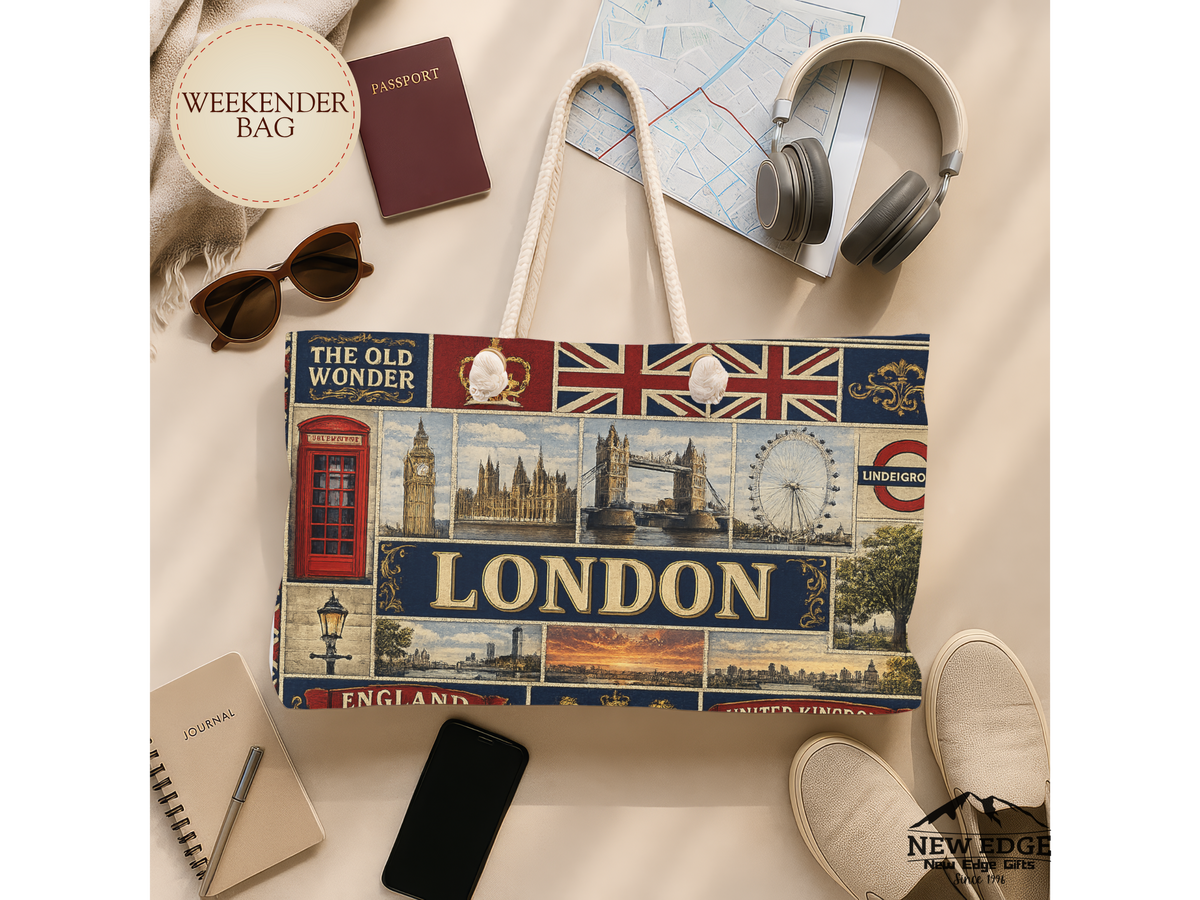 London England Weekender Bag The Old Wonder Faux Patchwork Travel Tote United Kingdom Landmark Vintage Travel Gift