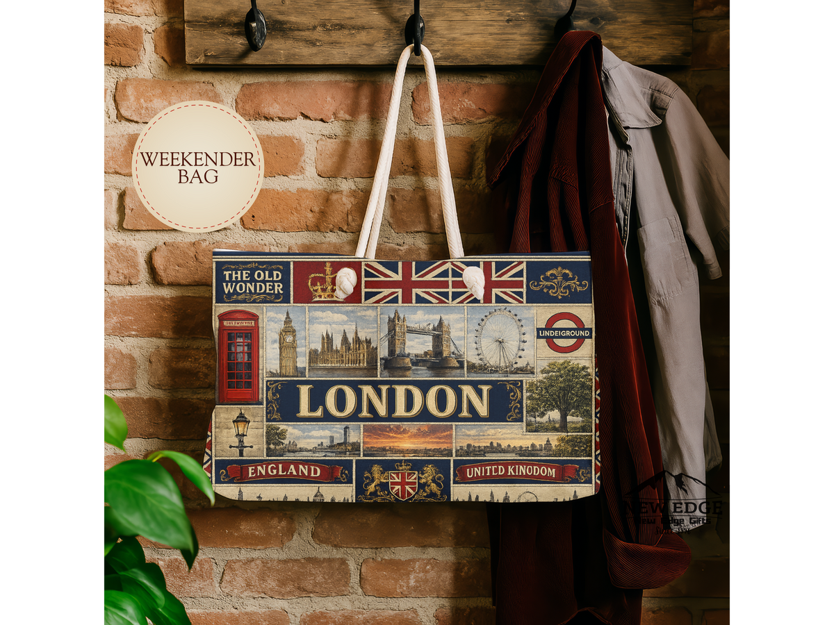 London England Weekender Bag The Old Wonder Faux Patchwork Travel Tote United Kingdom Landmark Vintage Travel Gift