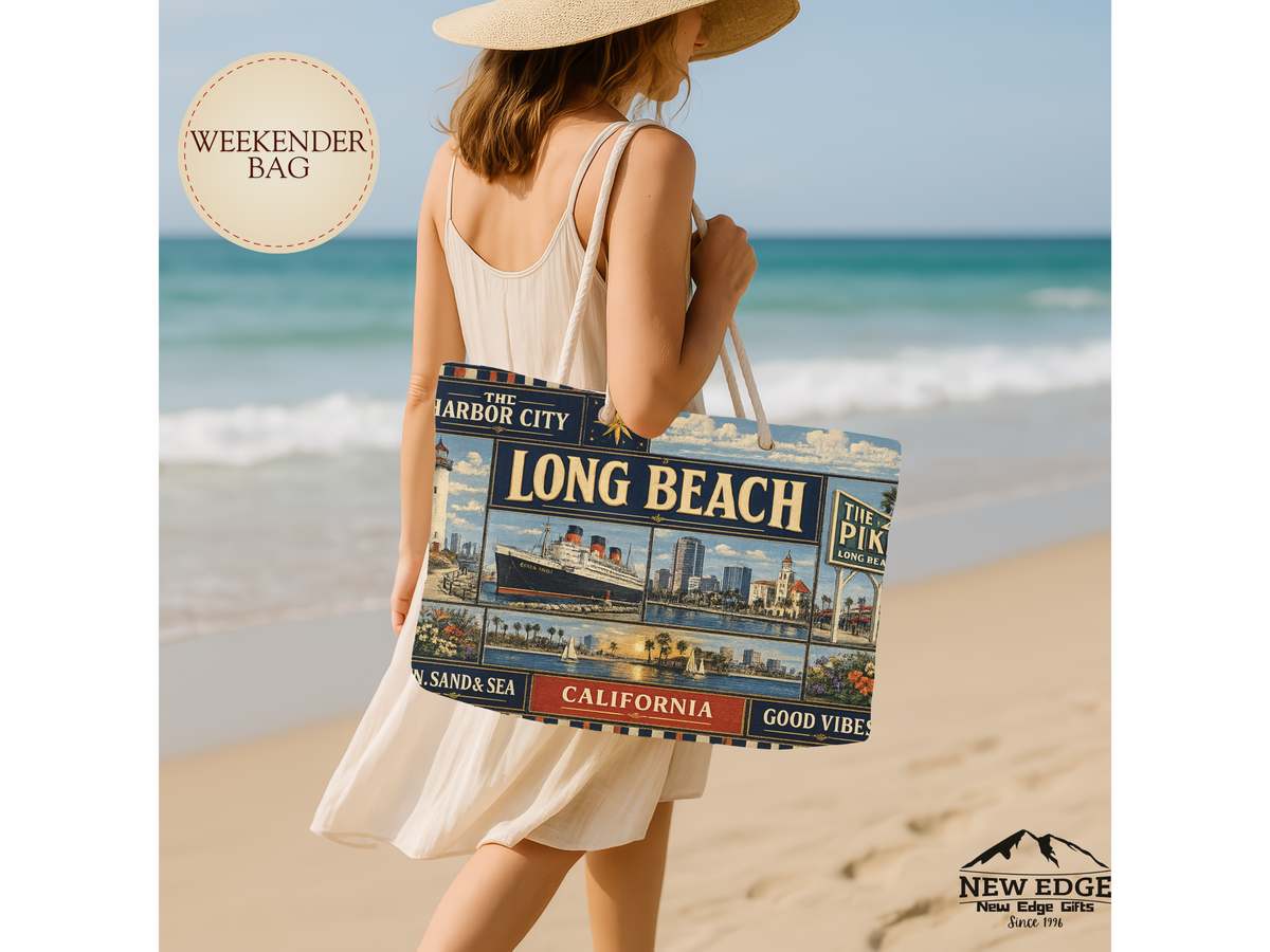 Long Beach California Weekender Bag Harbor City Faux Patchwork Travel Tote Queen Mary Coastal Getaway Gift