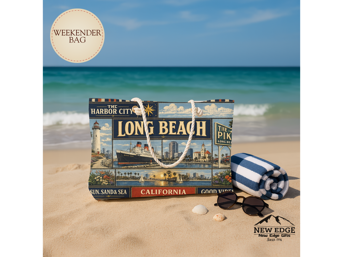 Long Beach California Weekender Bag Harbor City Faux Patchwork Travel Tote Queen Mary Coastal Getaway Gift