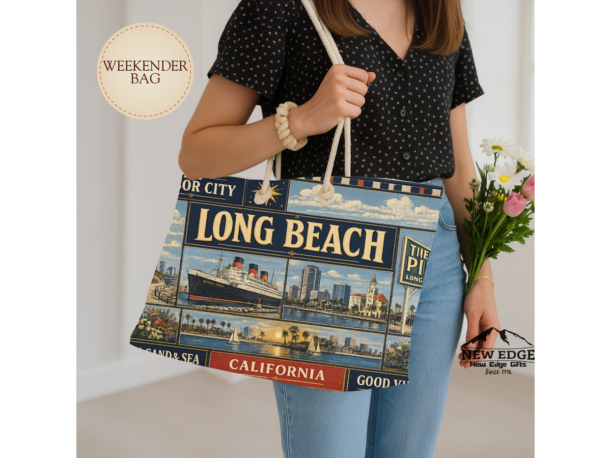 Long Beach California Weekender Bag Harbor City Faux Patchwork Travel Tote Queen Mary Coastal Getaway Gift