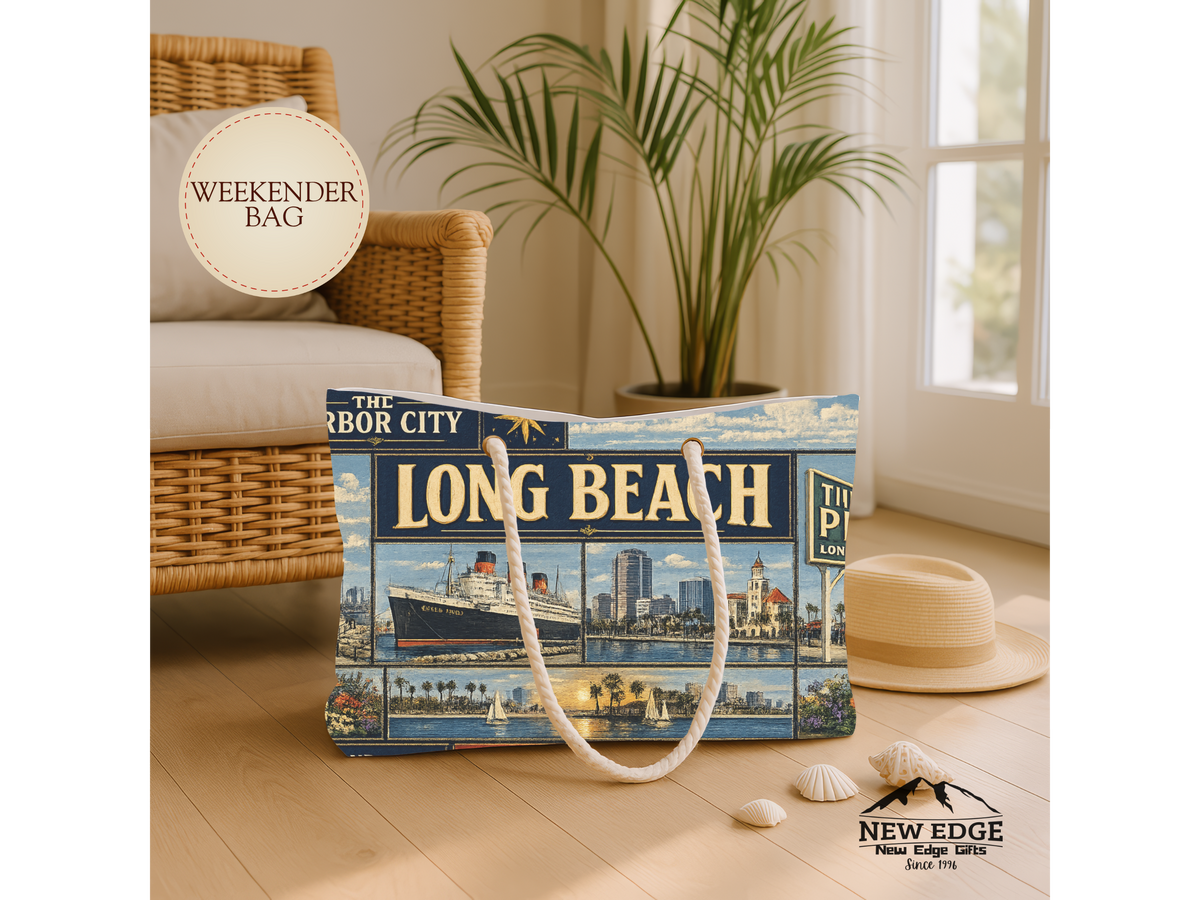 Long Beach California Weekender Bag Harbor City Faux Patchwork Travel Tote Queen Mary Coastal Getaway Gift