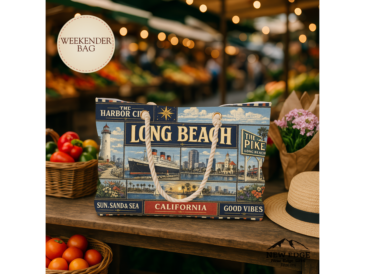 Long Beach California Weekender Bag Harbor City Faux Patchwork Travel Tote Queen Mary Coastal Getaway Gift