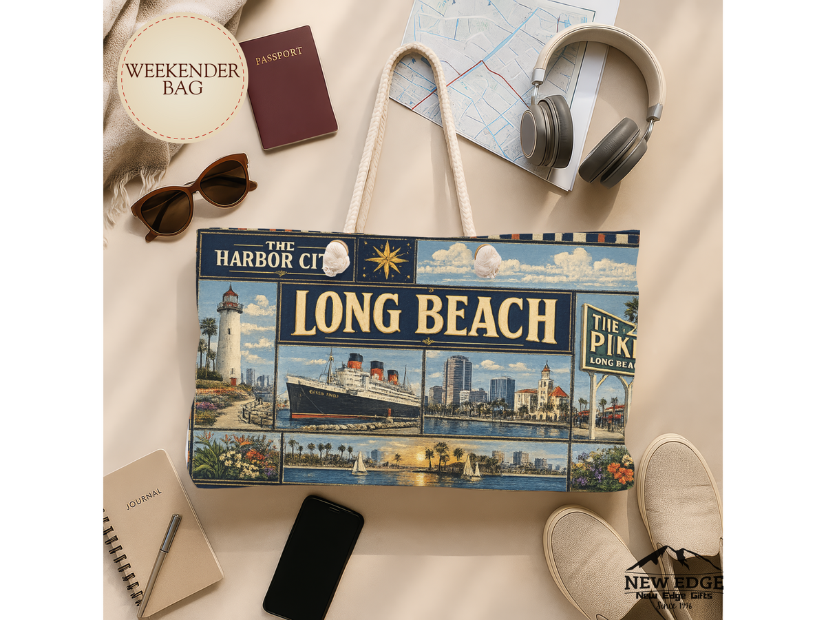 Long Beach California Weekender Bag Harbor City Faux Patchwork Travel Tote Queen Mary Coastal Getaway Gift