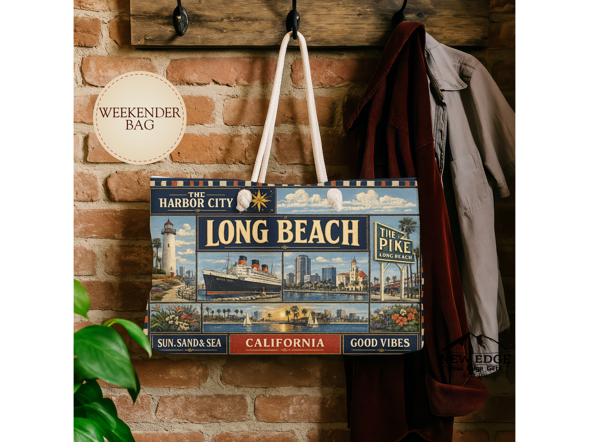 Long Beach California Weekender Bag Harbor City Faux Patchwork Travel Tote Queen Mary Coastal Getaway Gift