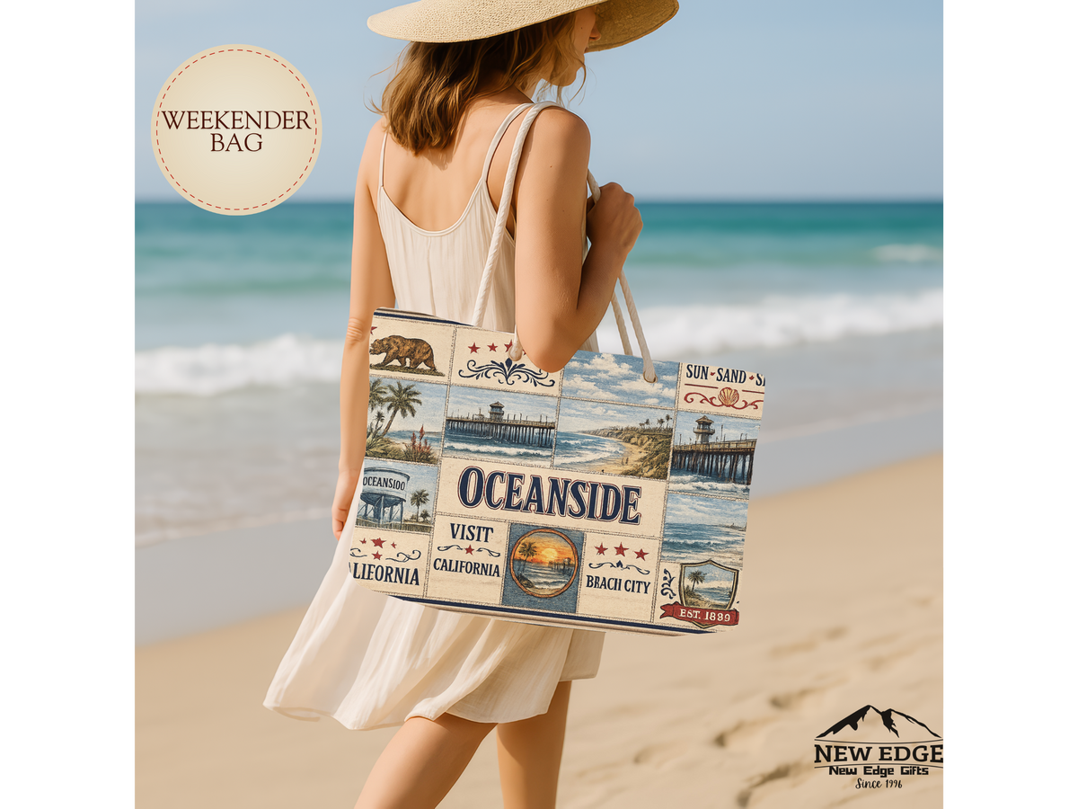 Oceanside California Weekender Bag Coastal Escape Faux Patchwork Travel Tote Beach Lover Weekend Getaway Gift
