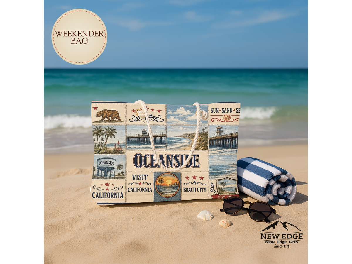 Oceanside California Weekender Bag Coastal Escape Faux Patchwork Travel Tote Beach Lover Weekend Getaway Gift