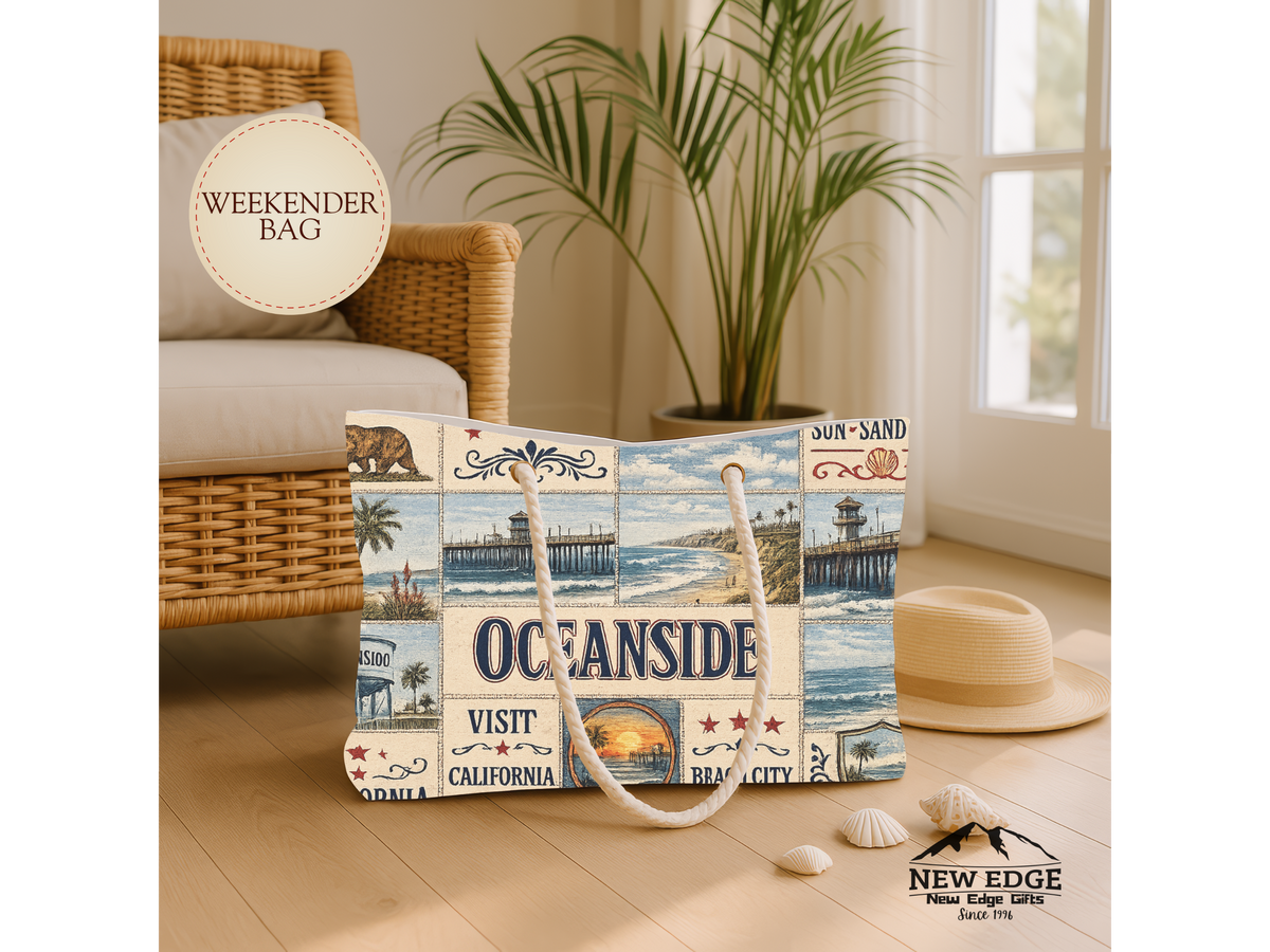 Oceanside California Weekender Bag Coastal Escape Faux Patchwork Travel Tote Beach Lover Weekend Getaway Gift
