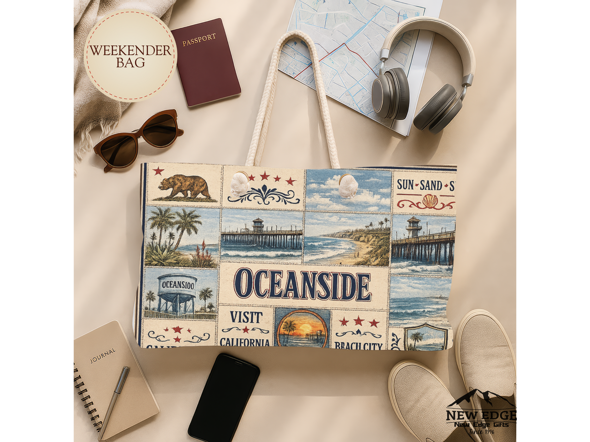 Oceanside California Weekender Bag Coastal Escape Faux Patchwork Travel Tote Beach Lover Weekend Getaway Gift
