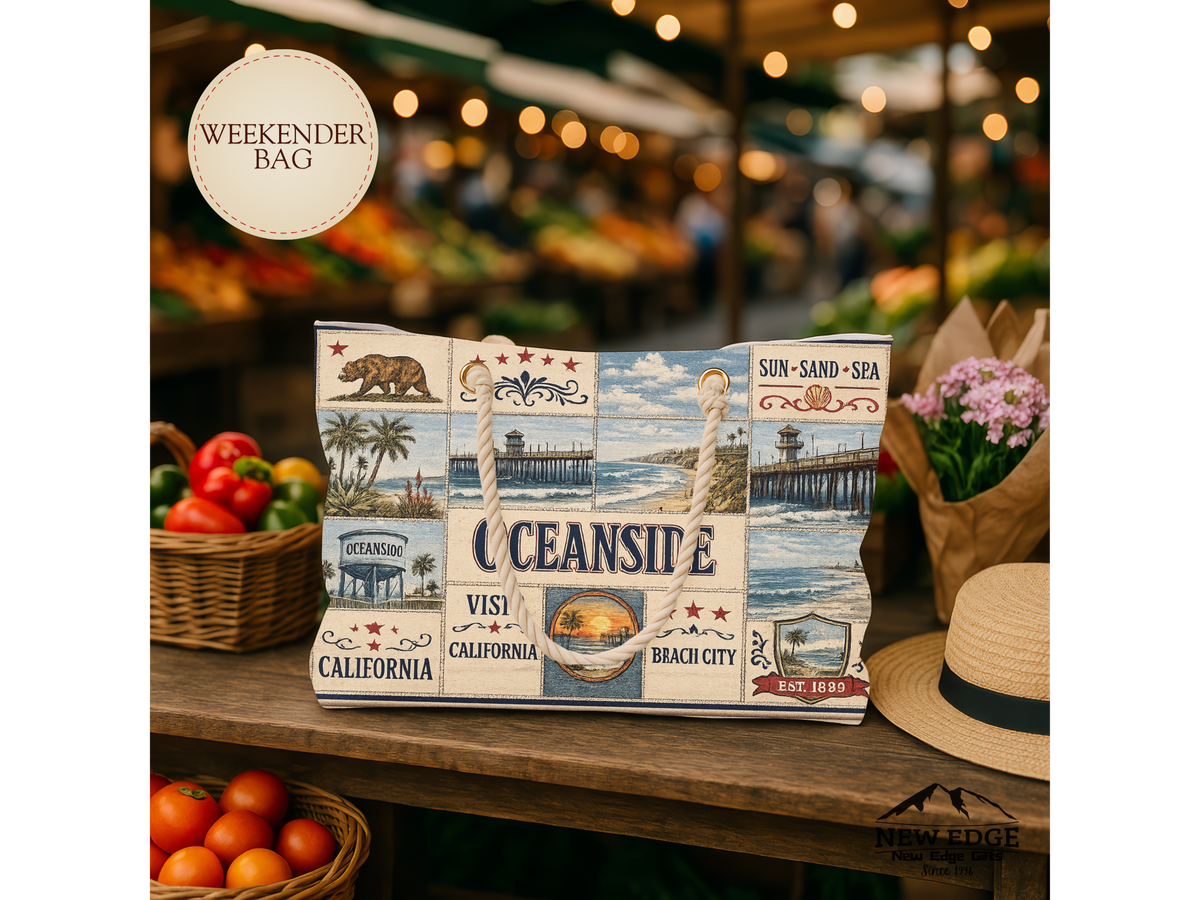 Oceanside California Weekender Bag Coastal Escape Faux Patchwork Travel Tote Beach Lover Weekend Getaway Gift