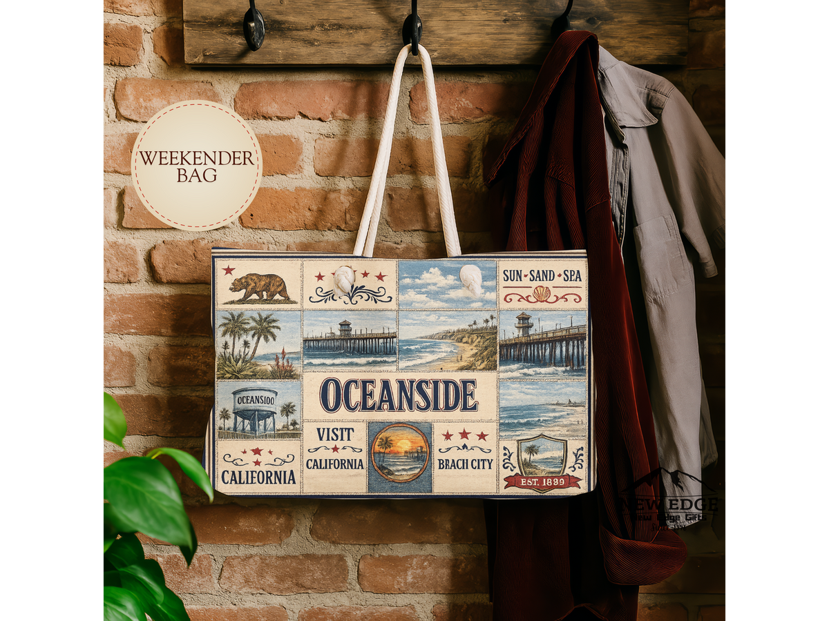 Oceanside California Weekender Bag Coastal Escape Faux Patchwork Travel Tote Beach Lover Weekend Getaway Gift