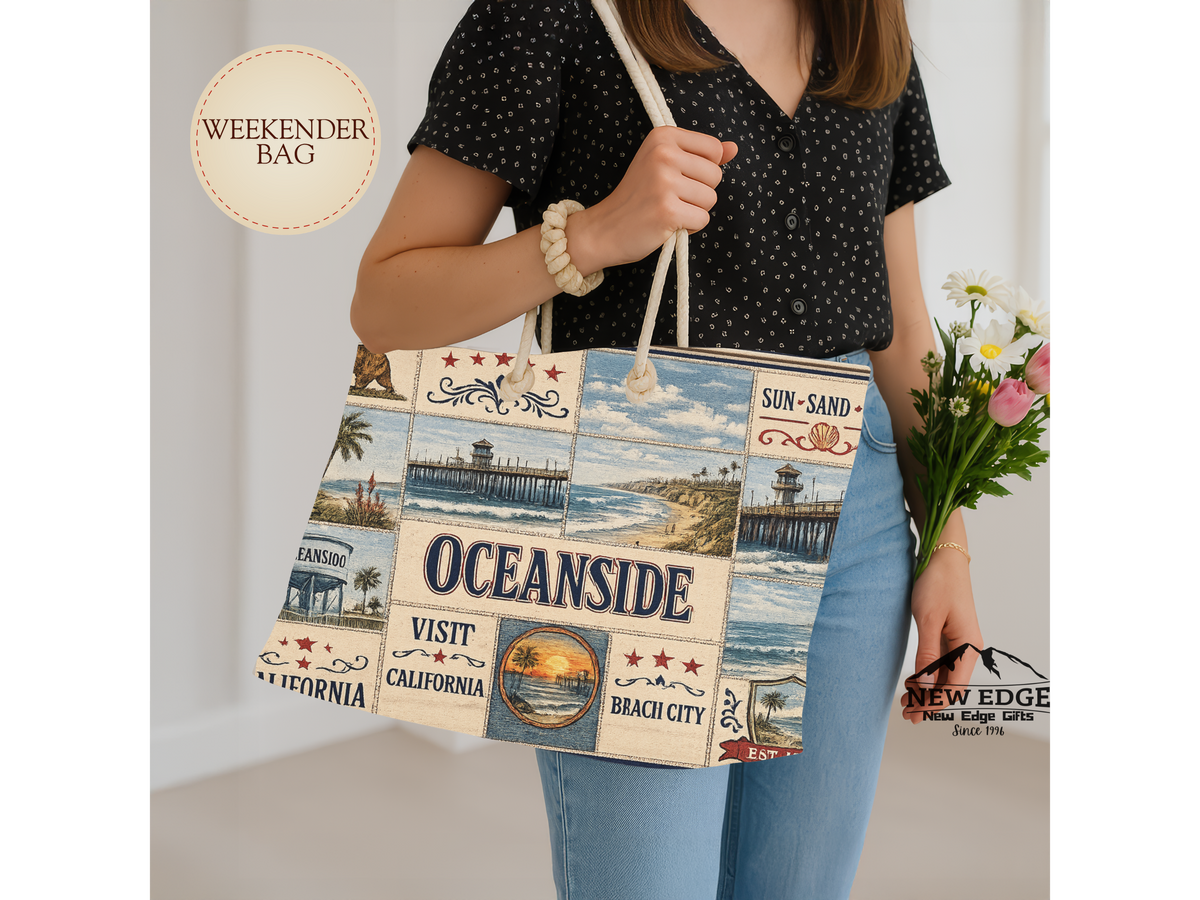 Oceanside California Weekender Bag Coastal Escape Faux Patchwork Travel Tote Beach Lover Weekend Getaway Gift