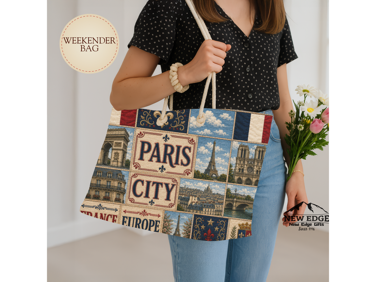 Paris France Weekender Bag City of Love Faux Patchwork Travel Tote Eiffel Tower European Vacation Gift