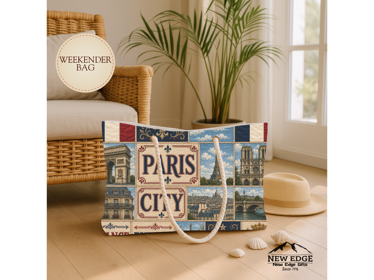 Paris France Weekender Bag City of Love Faux Patchwork Travel Tote Eiffel Tower European Vacation Gift