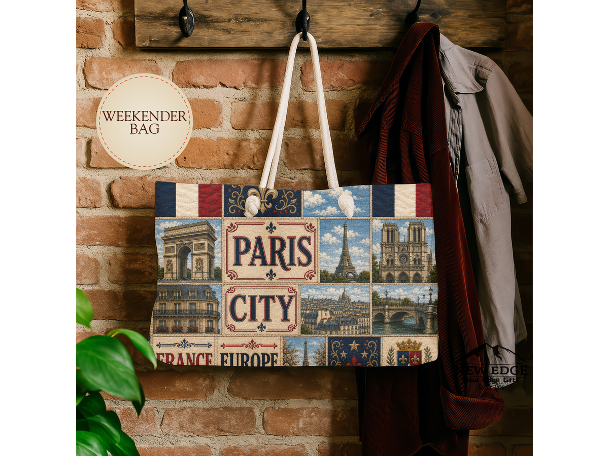 Paris France Weekender Bag City of Love Faux Patchwork Travel Tote Eiffel Tower European Vacation Gift