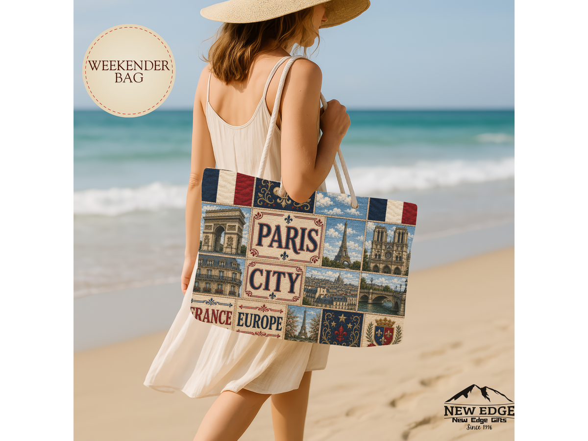 Paris France Weekender Bag City of Love Faux Patchwork Travel Tote Eiffel Tower European Vacation Gift