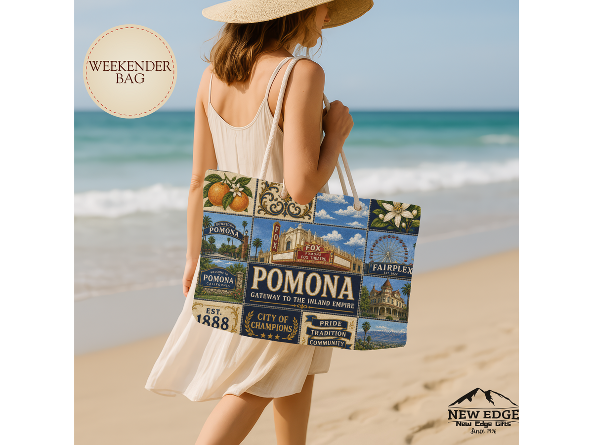 Pomona California Weekender Bag Gateway to the Inland Empire Faux Patchwork Travel Tote Historic City Getaway Gift