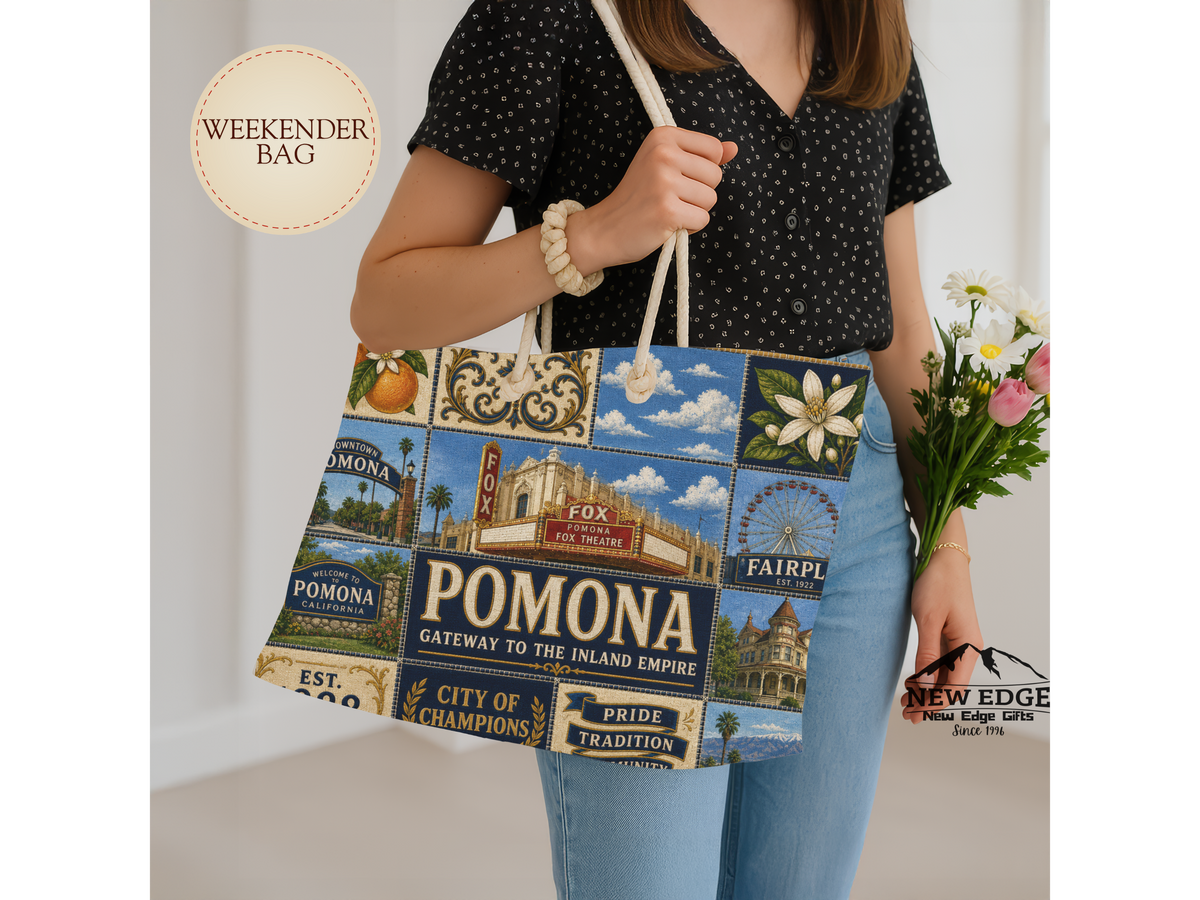 Pomona California Weekender Bag Gateway to the Inland Empire Faux Patchwork Travel Tote Historic City Getaway Gift