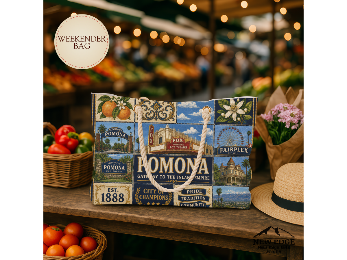 Pomona California Weekender Bag Gateway to the Inland Empire Faux Patchwork Travel Tote Historic City Getaway Gift