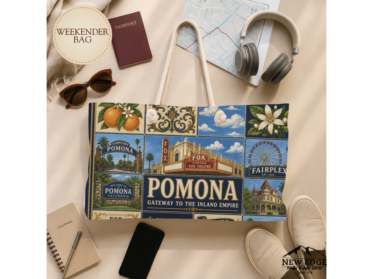 Pomona California Weekender Bag Gateway to the Inland Empire Faux Patchwork Travel Tote Historic City Getaway Gift