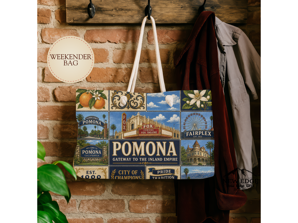 Pomona California Weekender Bag Gateway to the Inland Empire Faux Patchwork Travel Tote Historic City Getaway Gift