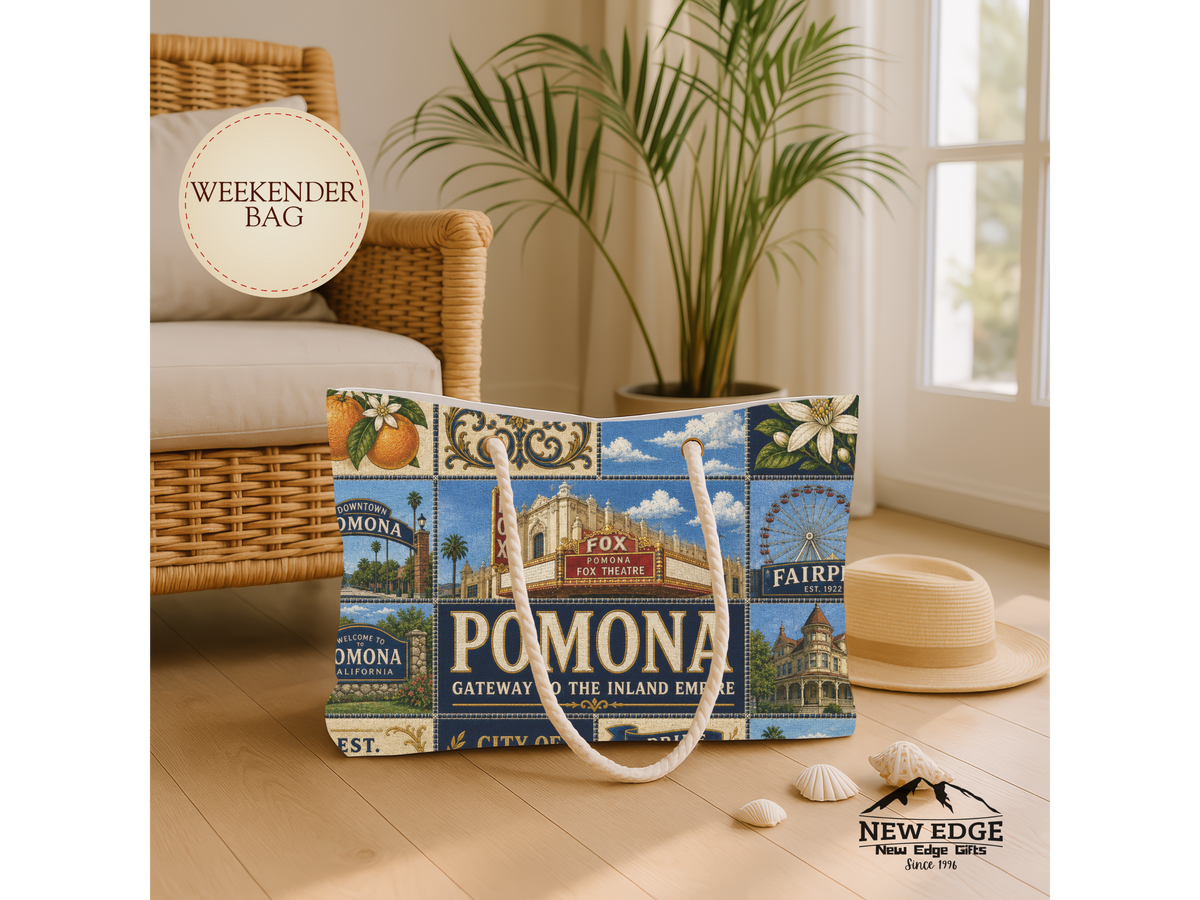 Pomona California Weekender Bag Gateway to the Inland Empire Faux Patchwork Travel Tote Historic City Getaway Gift