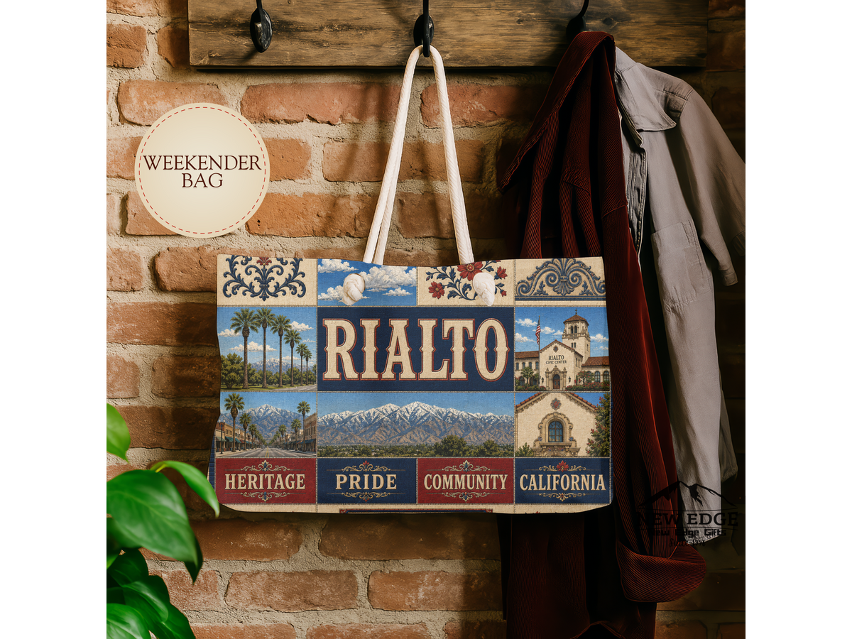 Rialto California Weekender Bag Heritage Pride Faux Patchwork Travel Tote Vintage Inland Empire Getaway Gift