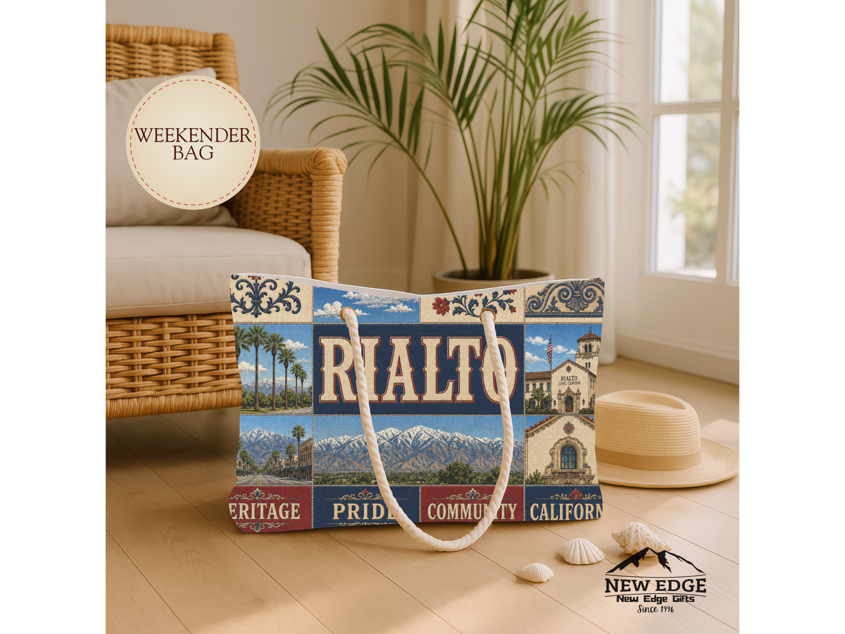 Rialto California Weekender Bag Heritage Pride Faux Patchwork Travel Tote Vintage Inland Empire Getaway Gift
