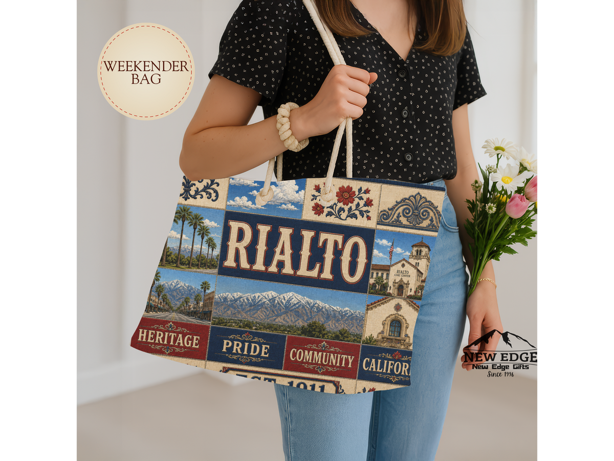 Rialto California Weekender Bag Heritage Pride Faux Patchwork Travel Tote Vintage Inland Empire Getaway Gift