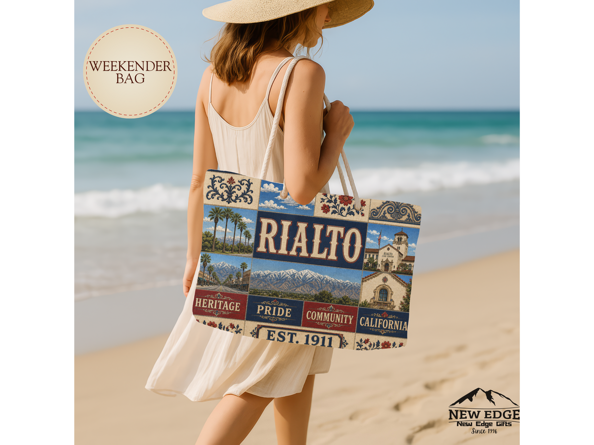 Rialto California Weekender Bag Heritage Pride Faux Patchwork Travel Tote Vintage Inland Empire Getaway Gift