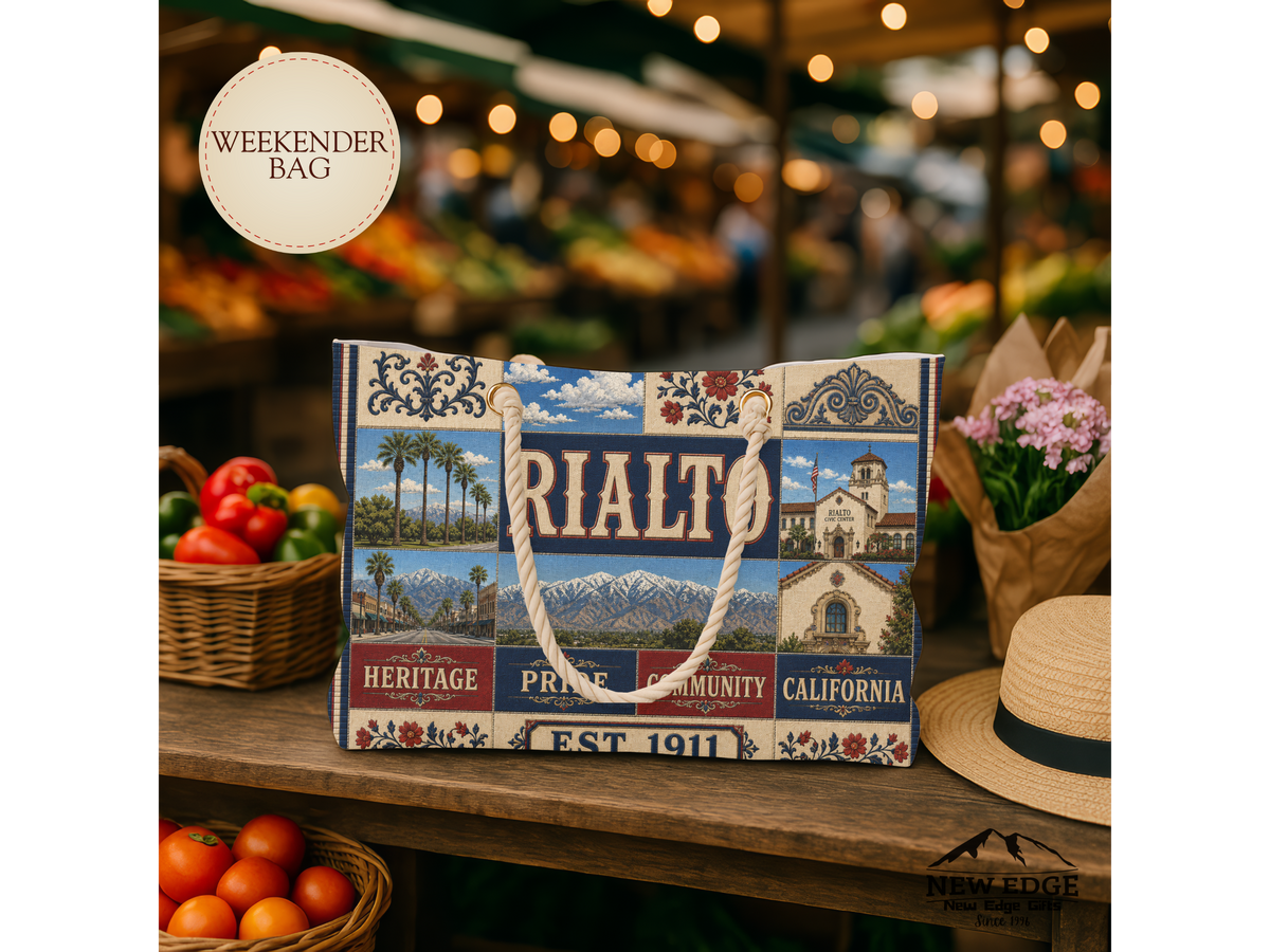 Rialto California Weekender Bag Heritage Pride Faux Patchwork Travel Tote Vintage Inland Empire Getaway Gift