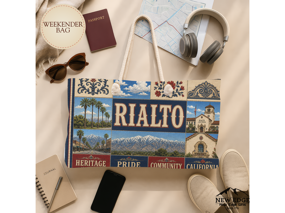 Rialto California Weekender Bag Heritage Pride Faux Patchwork Travel Tote Vintage Inland Empire Getaway Gift