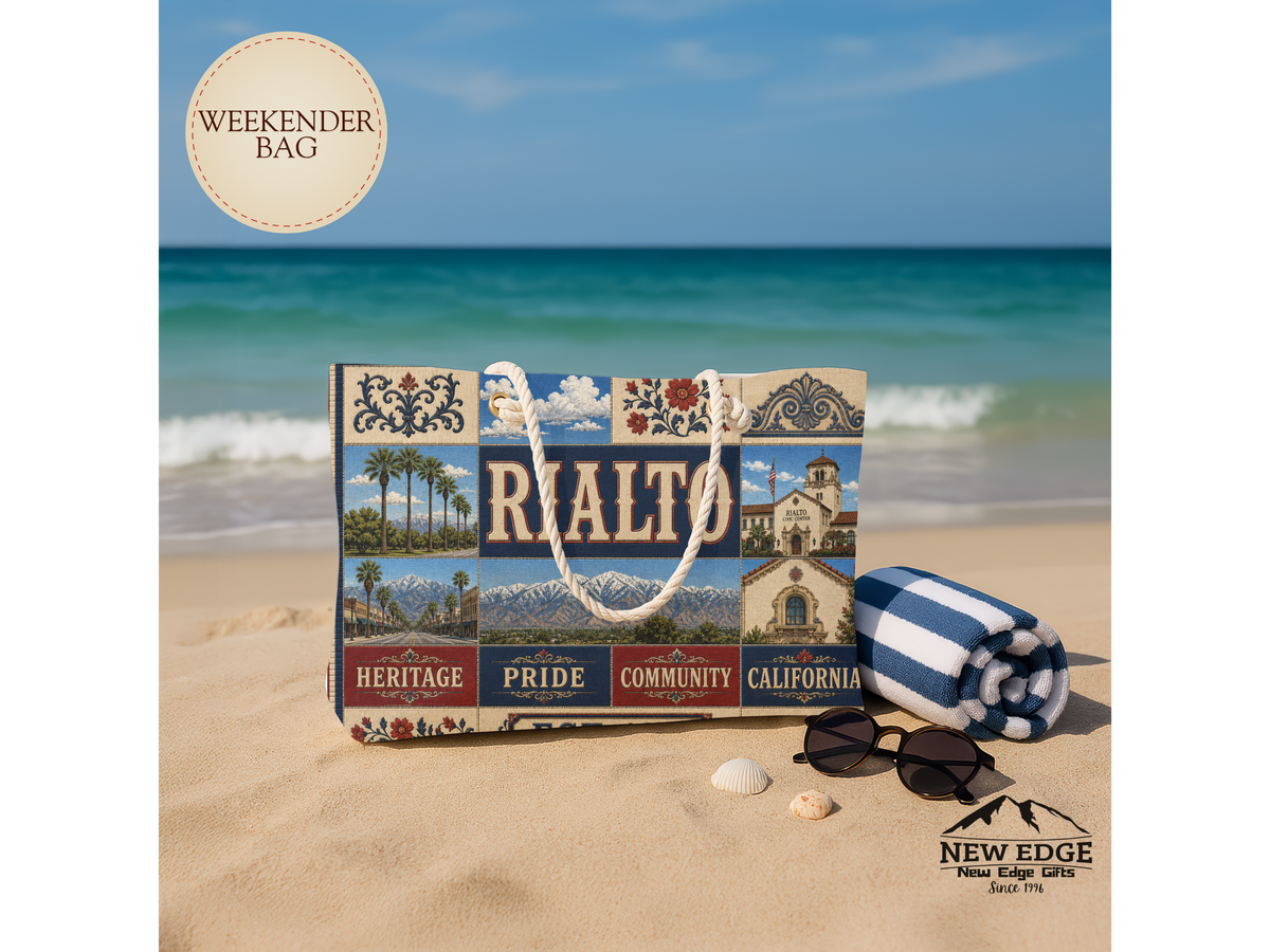 Rialto California Weekender Bag Heritage Pride Faux Patchwork Travel Tote Vintage Inland Empire Getaway Gift
